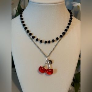 Cherry Pendant Necklace Black Beads Silver Tone Double layer 3D Chunky Cherries